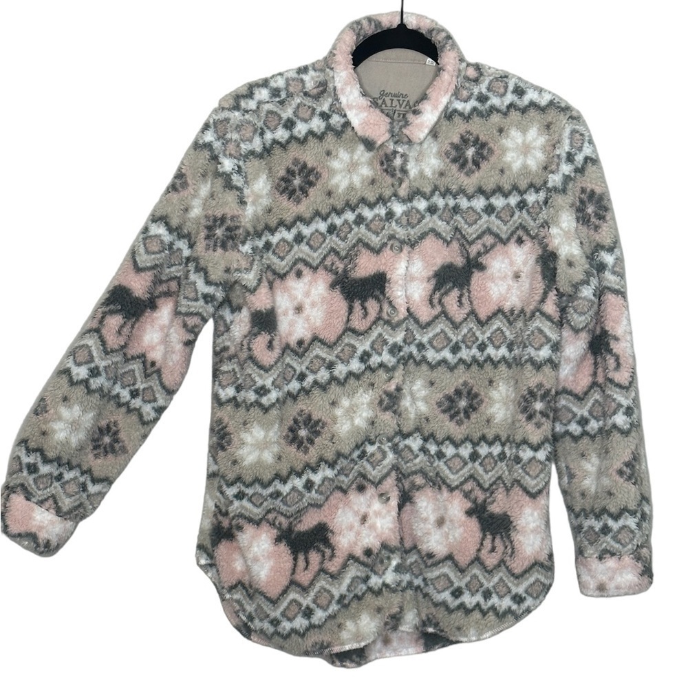 T24 PJ Salvage Women’s Teddy Jacket size Small Pink Gray tan white with deer